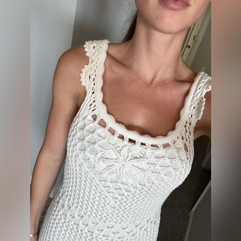 Aqua Marled Dress, White crochet bodycon dress, XS